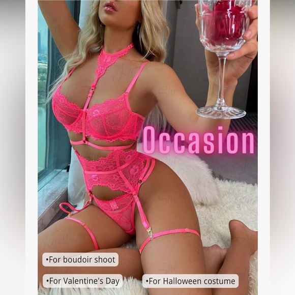 Neon Pink Lace 4 Piece Lingerie Set with Choker and Garters. - Picture 2 of 7